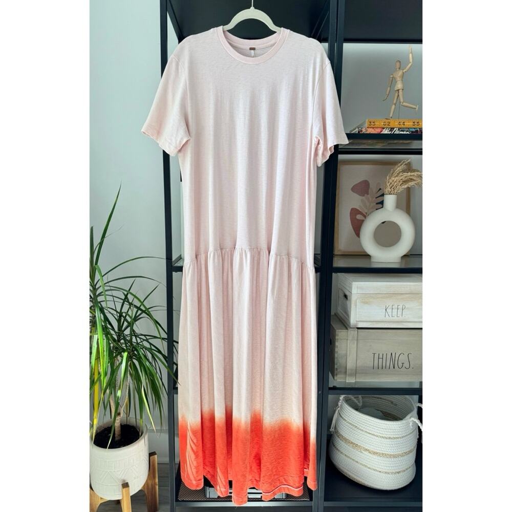 Free People Pink Orange Ombré Dip Dye Short Sleeve Slouchy Maxi Dress Medium - Picture 5 of 13